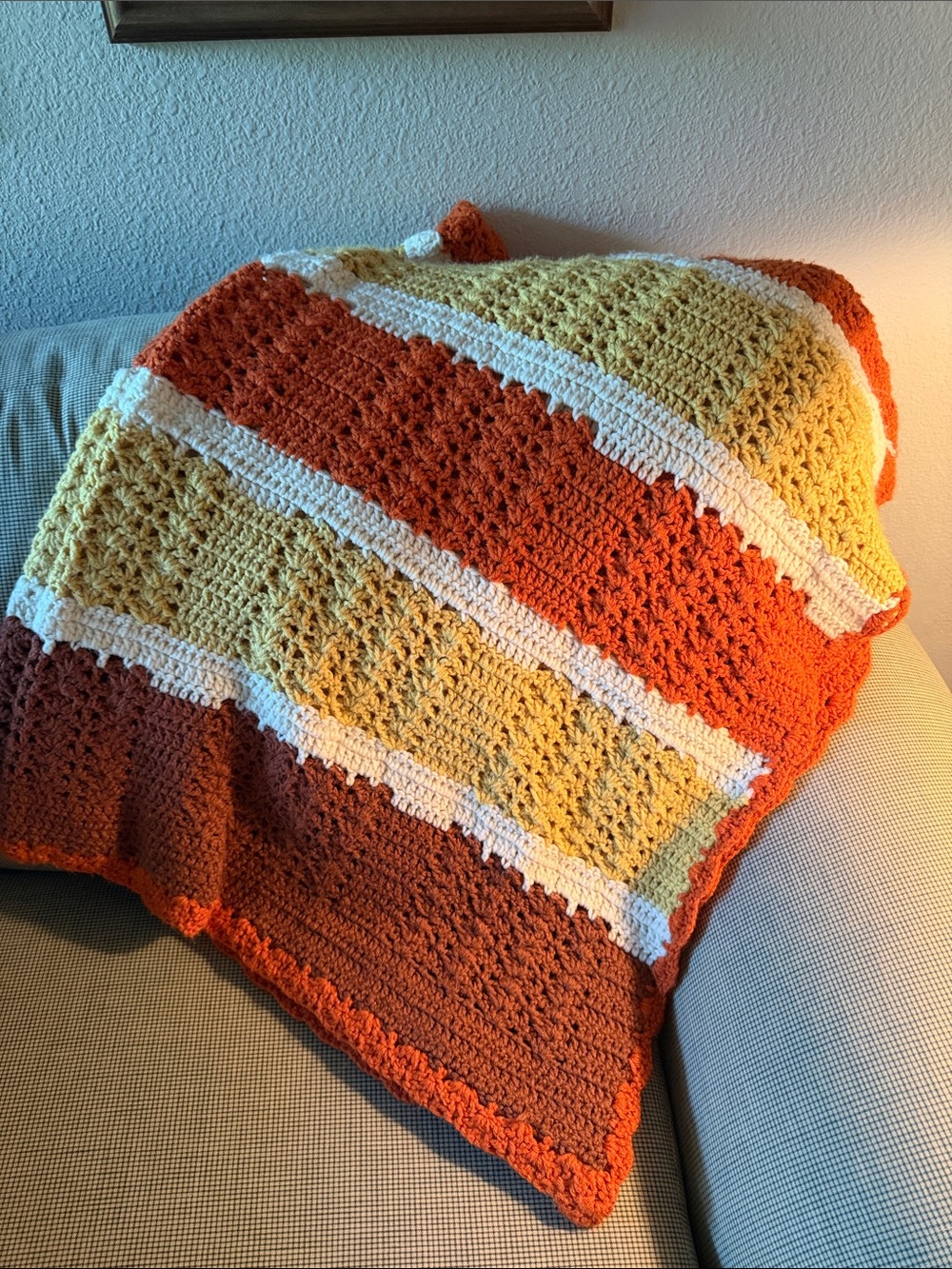 Handmade Crochet Blanket - Rust, Mustard & Cream Stripes